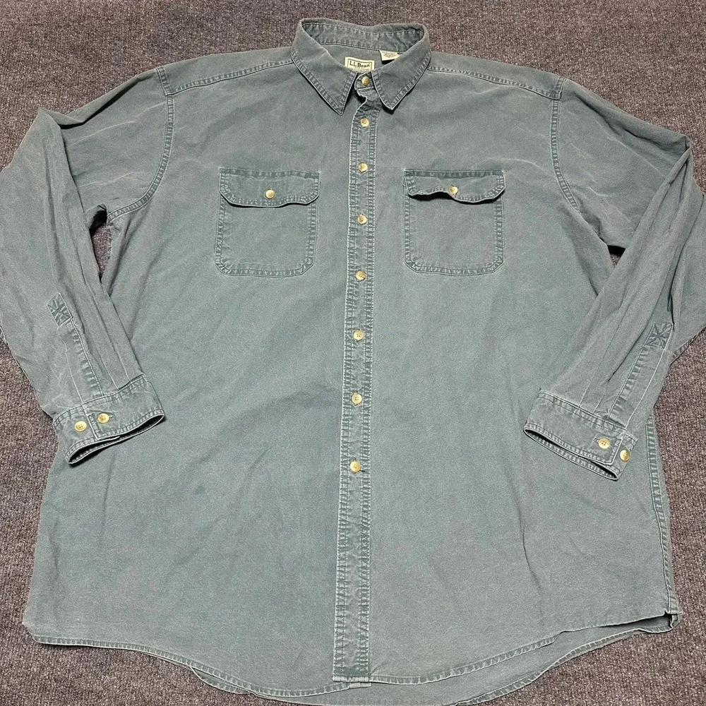 LL Bean Mens OMT17 Blue Cotton Canvas Long Sleeve Button Down Shirt XXL Tall